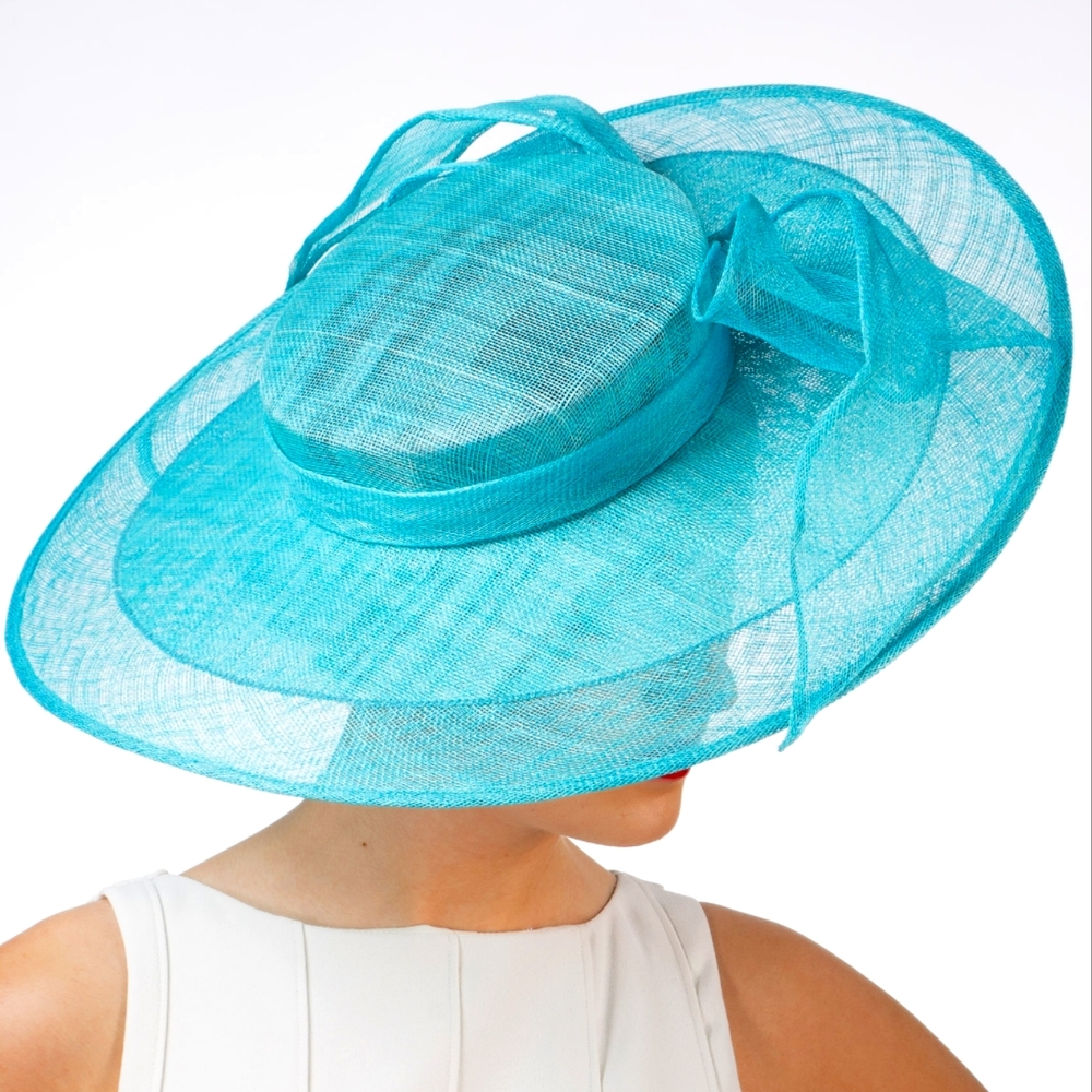 Classic Sophisticated Turquoise Sinamay Wide Brim Bow Hat Church Tea Brunch …